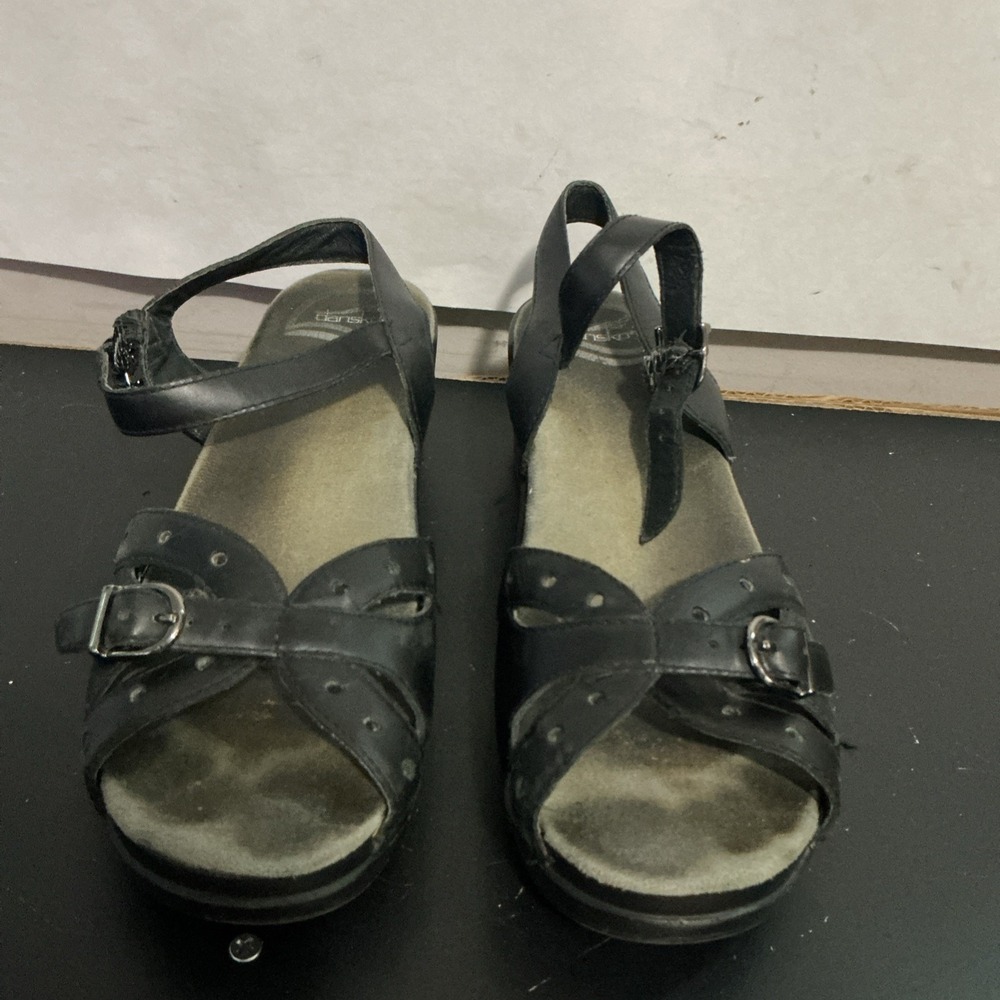 Dansko Sissy Strappy Black Leather Sandals Womens 38 Boho Minimalist Block Heel